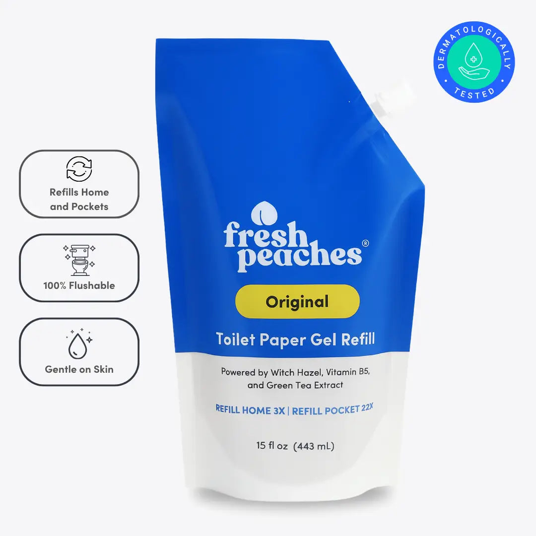 Blue and white packaging of fresh peaches toilet paper gel refill on a white background